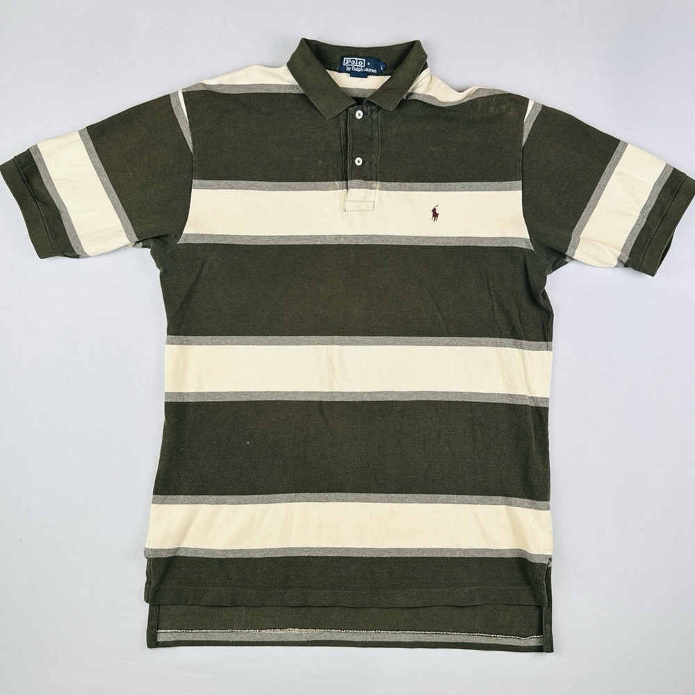 Vintage Polo Ralph‎ Lauren Striped Rugby Polo Shirt Olive Cream Adult L Cotton